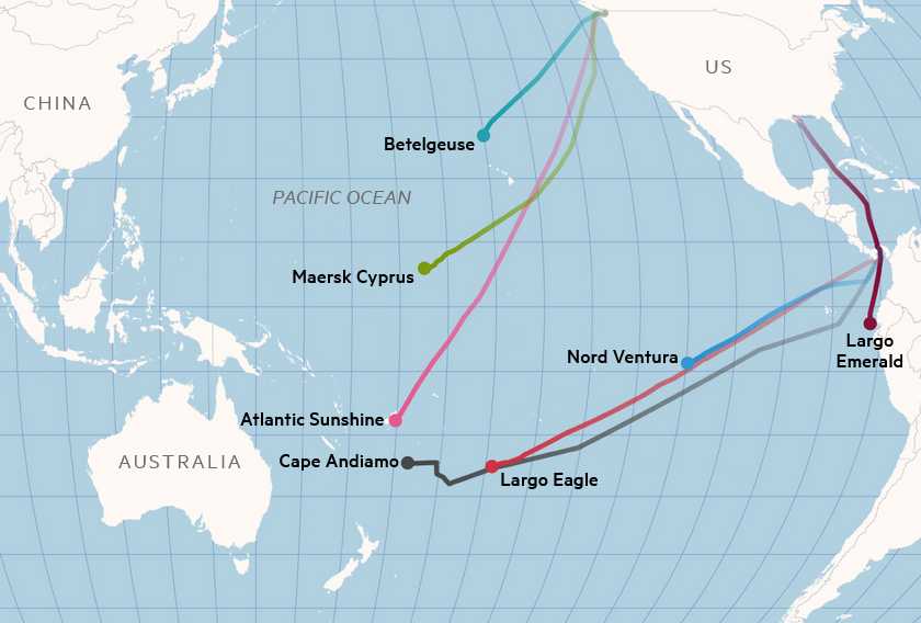 Tankers making the rare voyage across the Pacific to Australia.